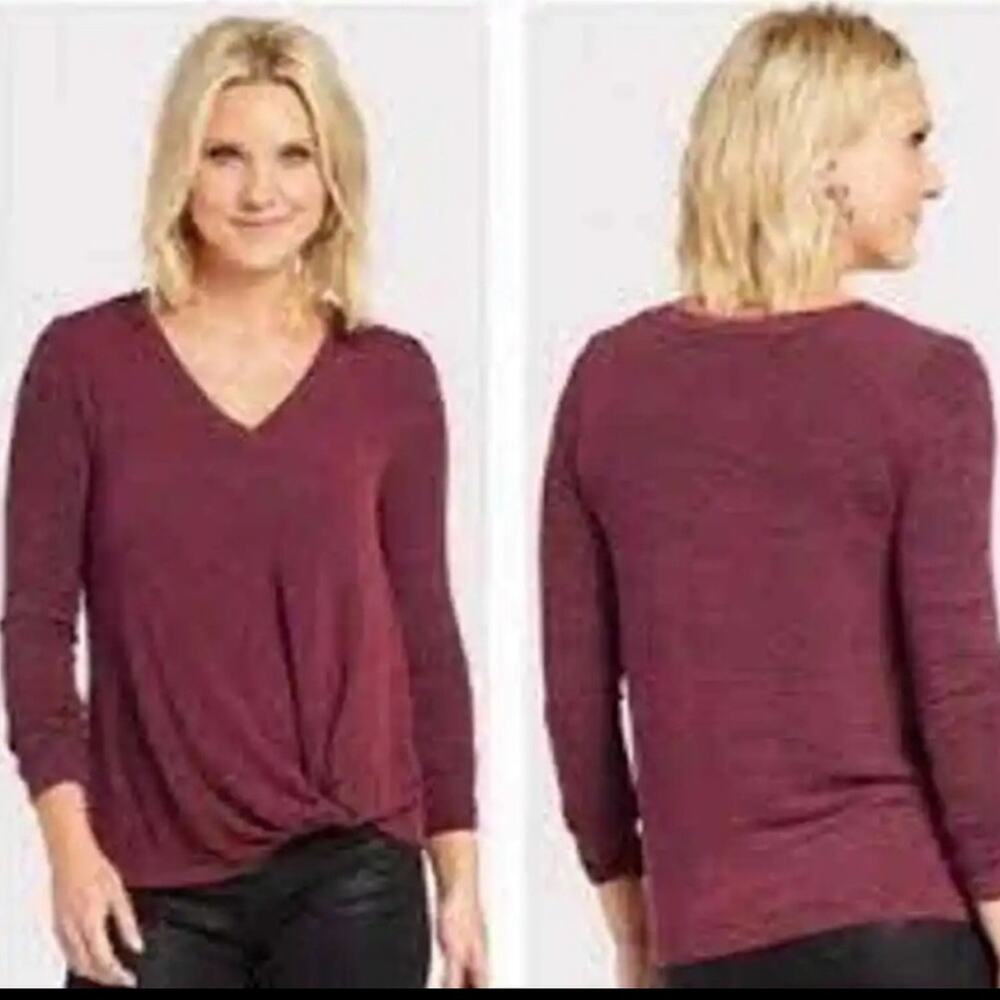 XS ANTHROPOLOGIE Sunday in Brooklyn Twist Front Top, V-Neck, Maroon, Boho